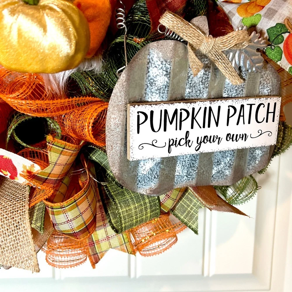Autum Fall Ribbon Wreath Pumpkin Gnome Handmade 22 in’s. #W2